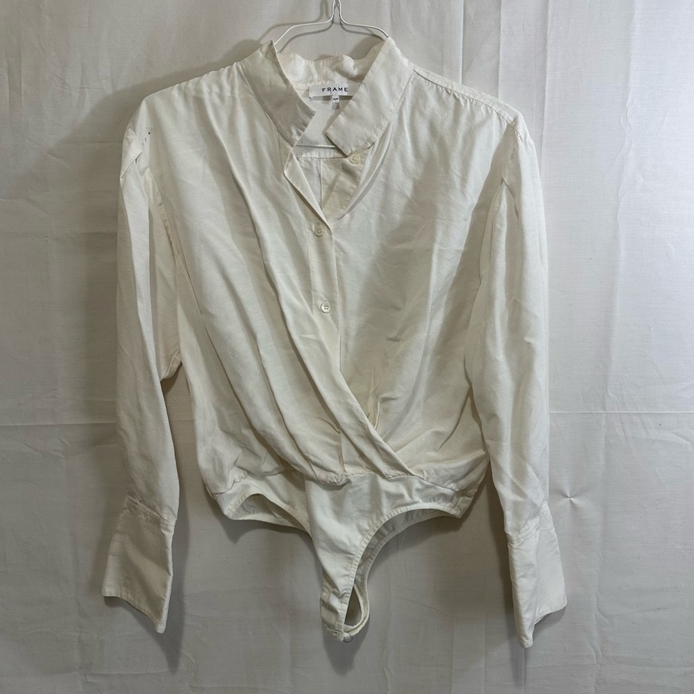FRAME Women Wrap Shirt Bodysuit Cream White Long Sleeve Button Up Size Medium